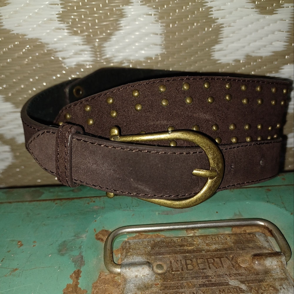 Brown Studded Suede Belt with Antiqued Brass Buckle